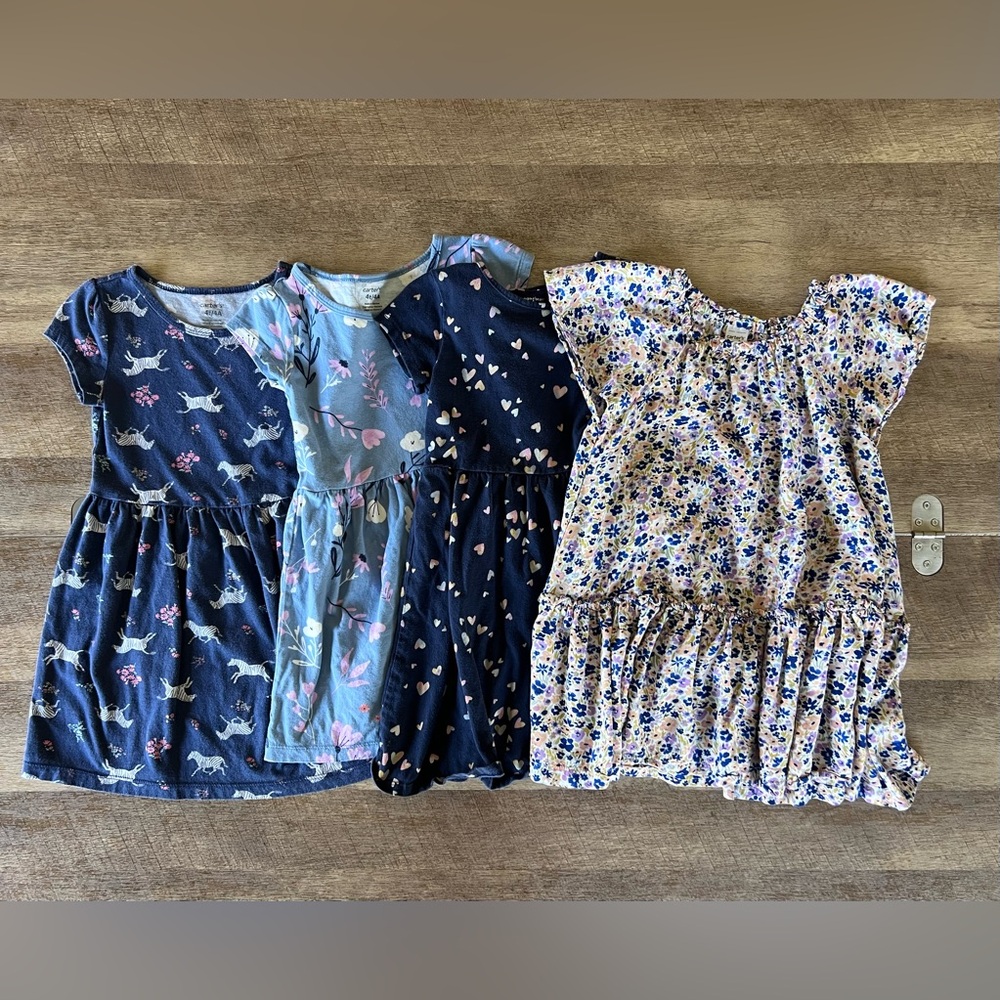 Girls' 4T lot of four play dresses for Spring/Summer - assorted blue patterned